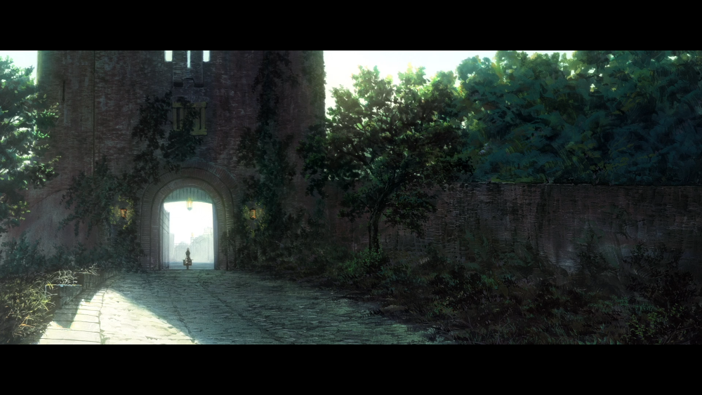A distant figure walks through an enormous guardhouse surrounded by tall bushes.