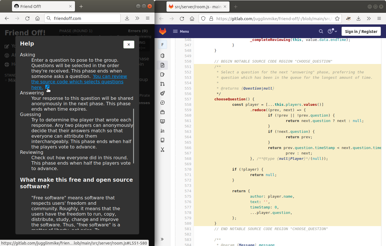 A screen shot of two browser windows side-by-side, one displays the Friend Off "Help" user interface, and the other displays the corresponding source code