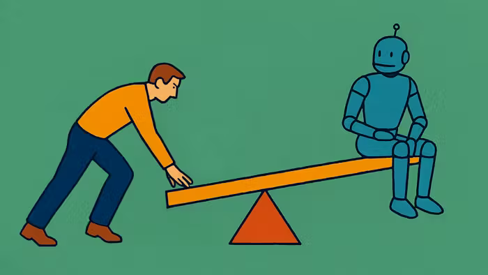 A man pushes down on one end of a lever that sits on top of a fulcrum. A robot sits on the far end of the lever, weighing it down.