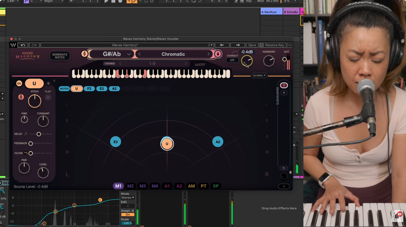 Screenshot of a video recording where recording artist Kawehi demos the Waves Audio Harmony plugin