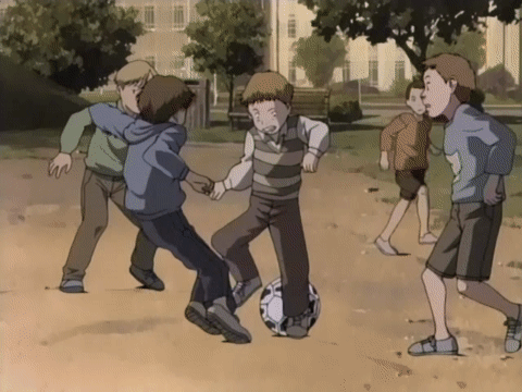 An animated sequence of Wolfgang Grimmer playing soccer with a group of youths